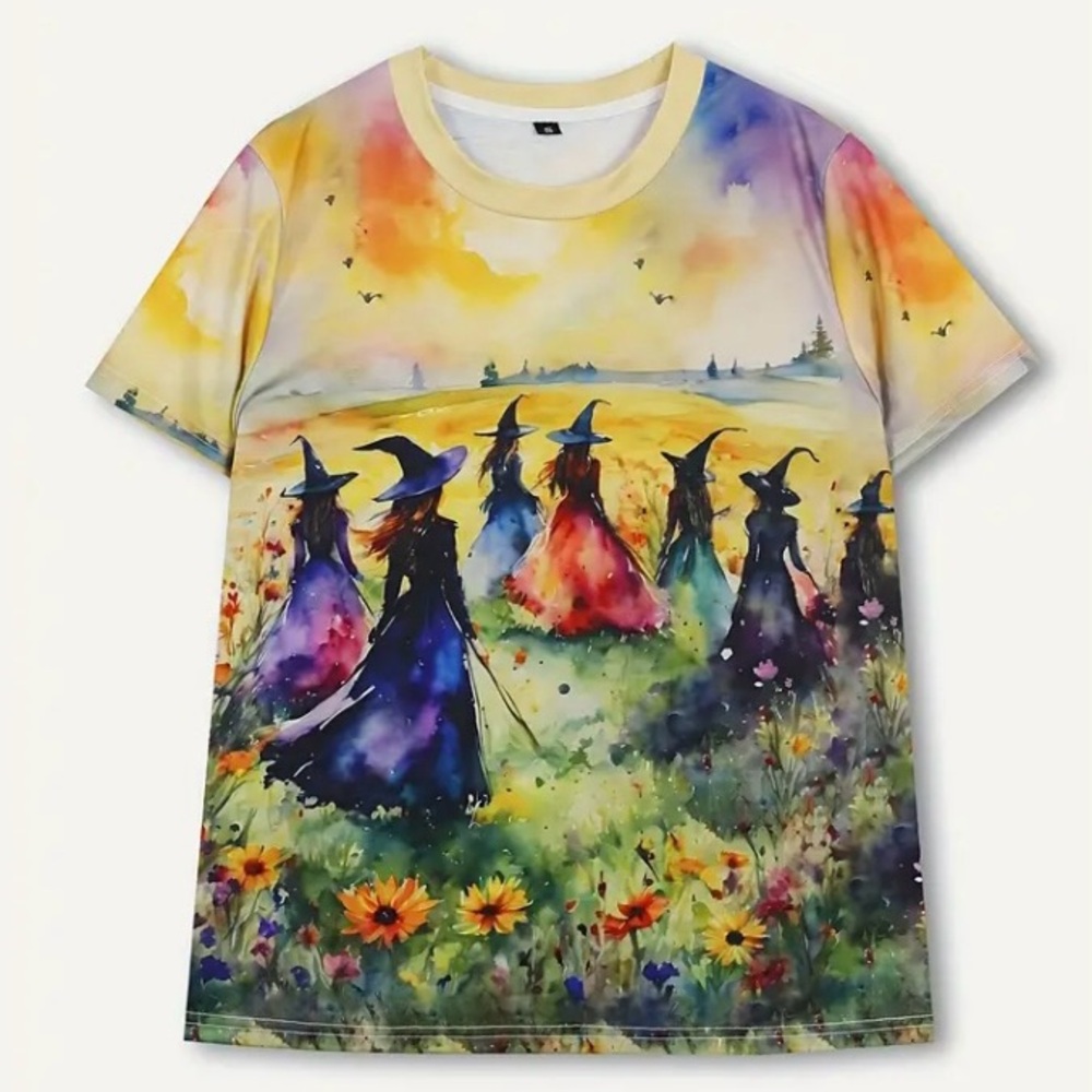Wicked Watercolor Whitchy Print T-Shirt Halloween - Picture 2 of 4